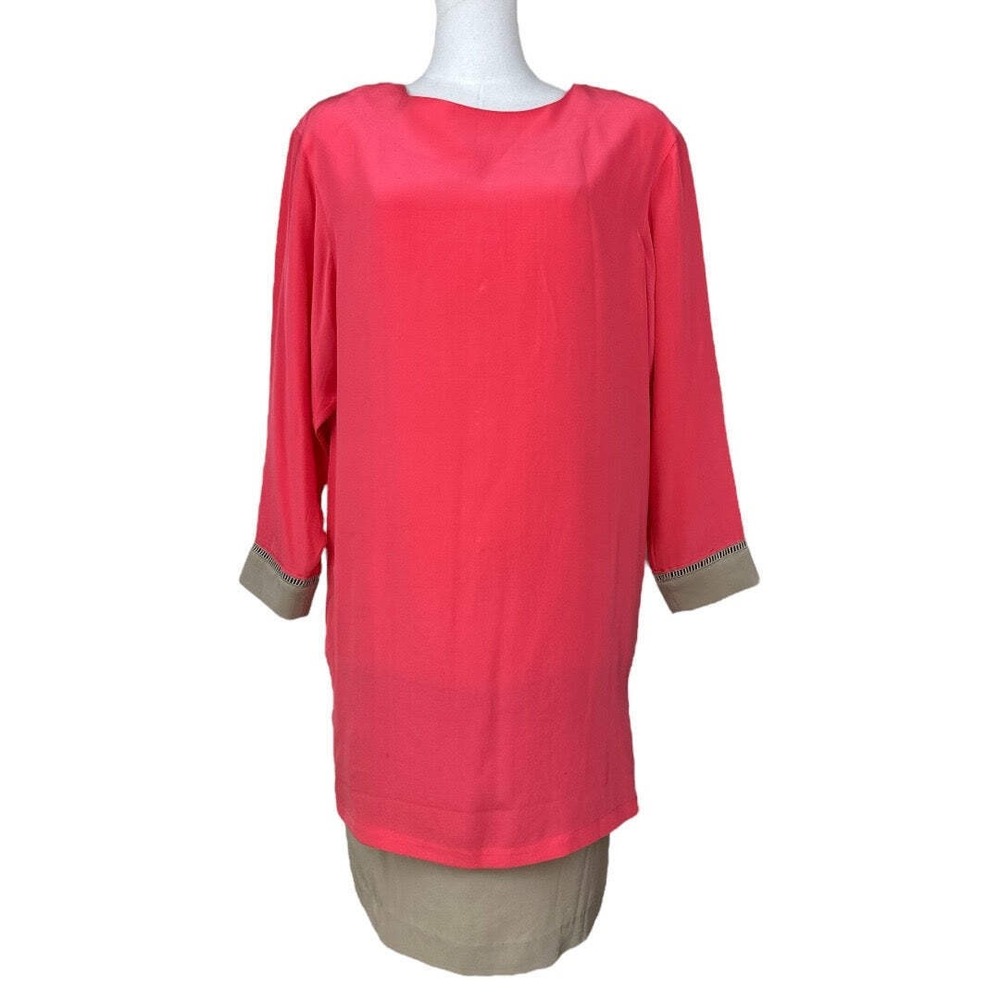 Pappagallo Vintage Silk Button Back Shift Dress Coral Pink Tan Trim Size 8